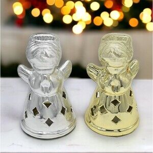 VTG Praying Angel Ceramic Candle Holder Set Tea Light Votive 6.5” Metallic Gold